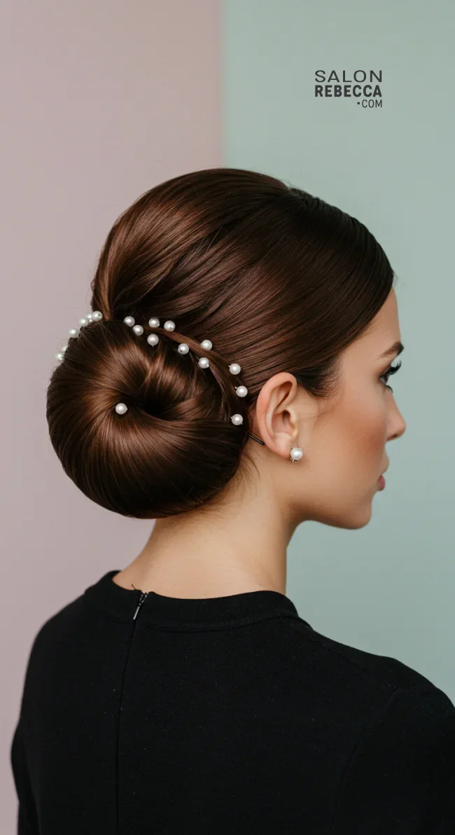 12. Low Bun with Pearl Accessories | How To: Hairstyles For Wedding Guests: 15 Most Beautiful Variants With Step-By-Step Guide