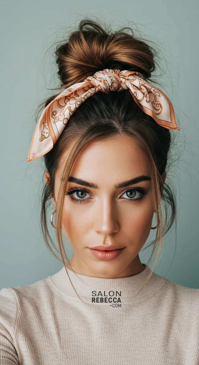 11. Messy Bun with a Scarf | Perfect Messy Bun Ideas In A Short Time - Hairstyle Trick