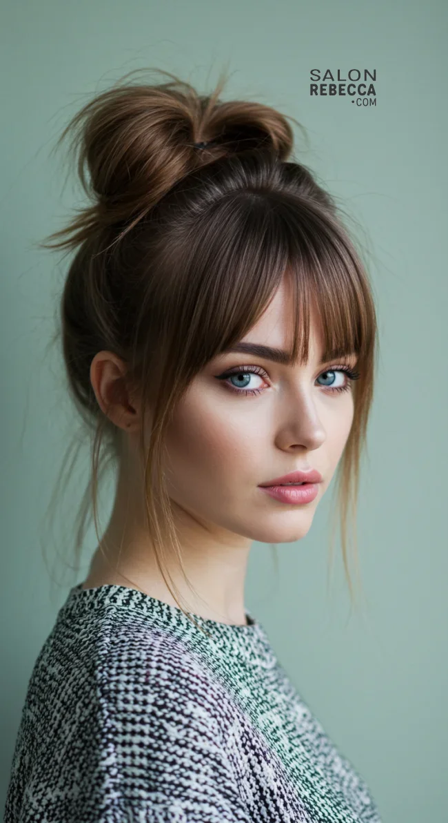 3. Messy Bun with Bangs | Perfect Messy Bun Ideas In A Short Time - Hairstyle Trick