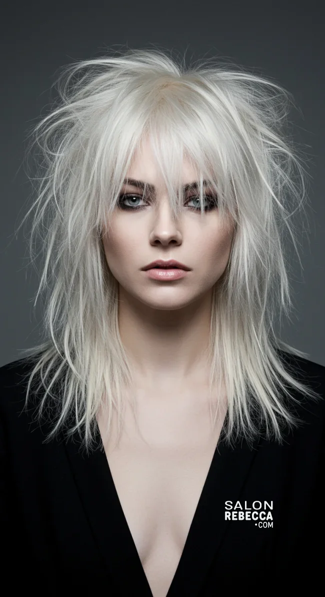7. Platinum Blonde Shaggy Wolf Cut | 10 Daring Medium-Length Wolf Cut Ideas For An Edgy Look