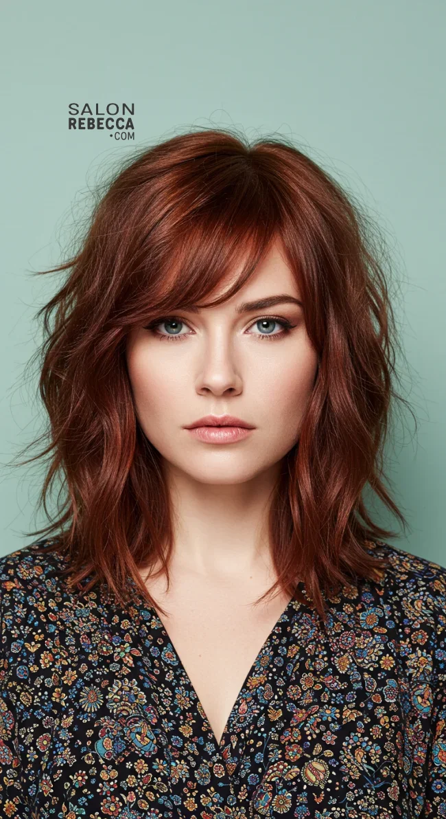 6. Auburn Wolf Cut with Side Bangs | 10 Daring Medium-Length Wolf Cut Ideas For An Edgy Look