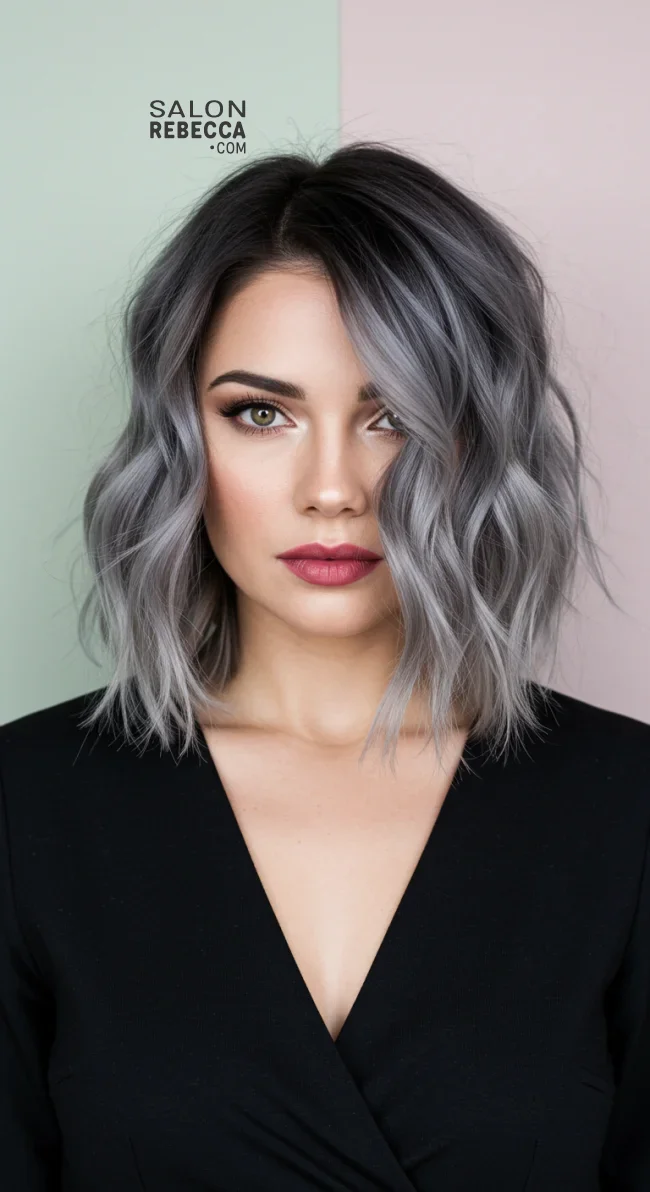 10. Wavy Lob with Ash Grey and Black Roots | Short Haircuts: 2025’S Trendy Two-Tone Styles