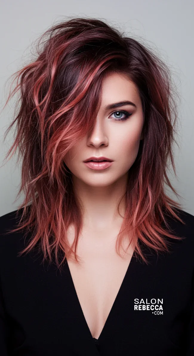 8. Textured Wolf Cut with Rose Gold and Dark Auburn | Short Haircuts: 2025’S Trendy Two-Tone Styles