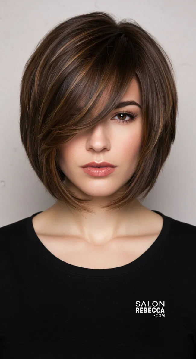 6. Short Layered Bob With Side-Swept Bangs | 7 Short Layered Haircuts With Bangs To Switch Up Your Look