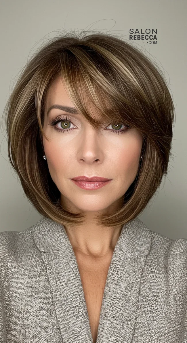6. Layered Bob with Curtain Bangs | Over 50: Fringe Layered Bob For Fine Hair