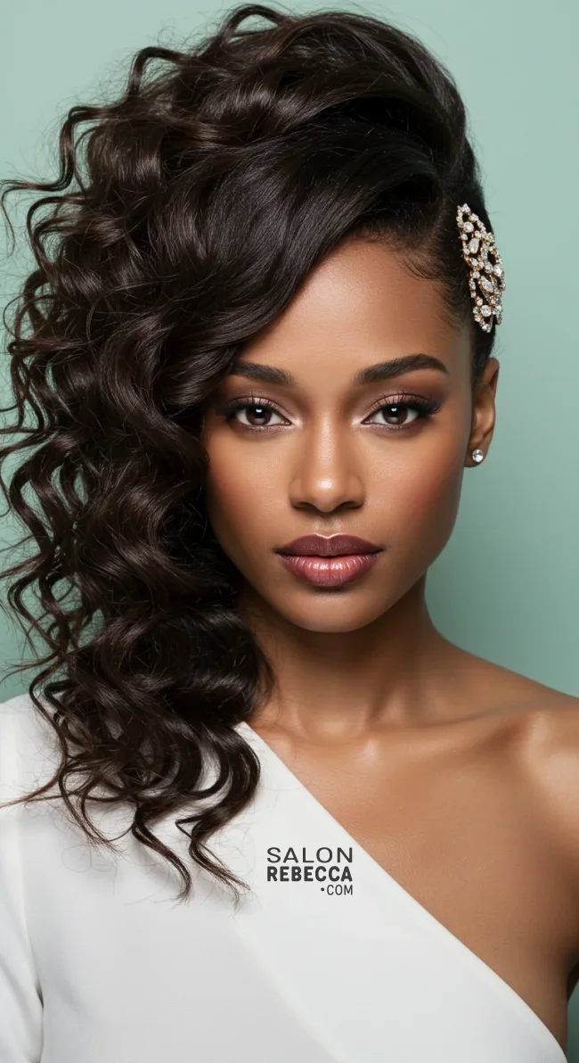 10. Side-Swept Half-Up Style with Curls | 10 Cool Half Up Half Down Hairstyles For Black Women