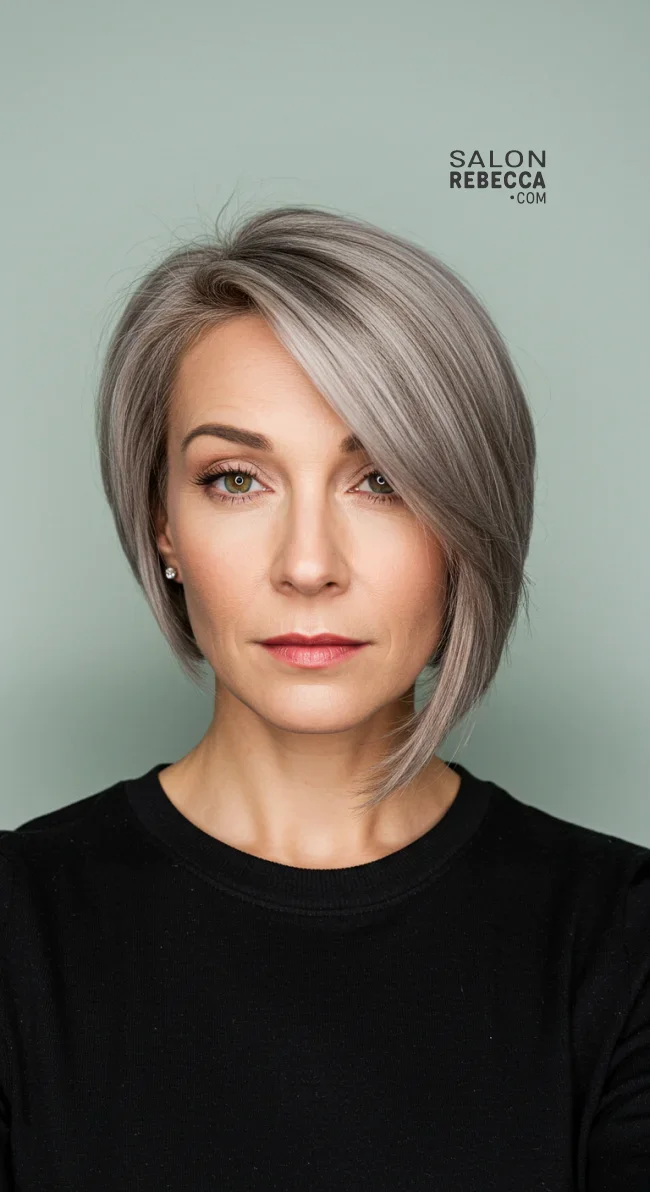 9. Modern Asymmetrical Bob with Side Bangs | 15 Chic Hairstyles With Bangs For Over 50
