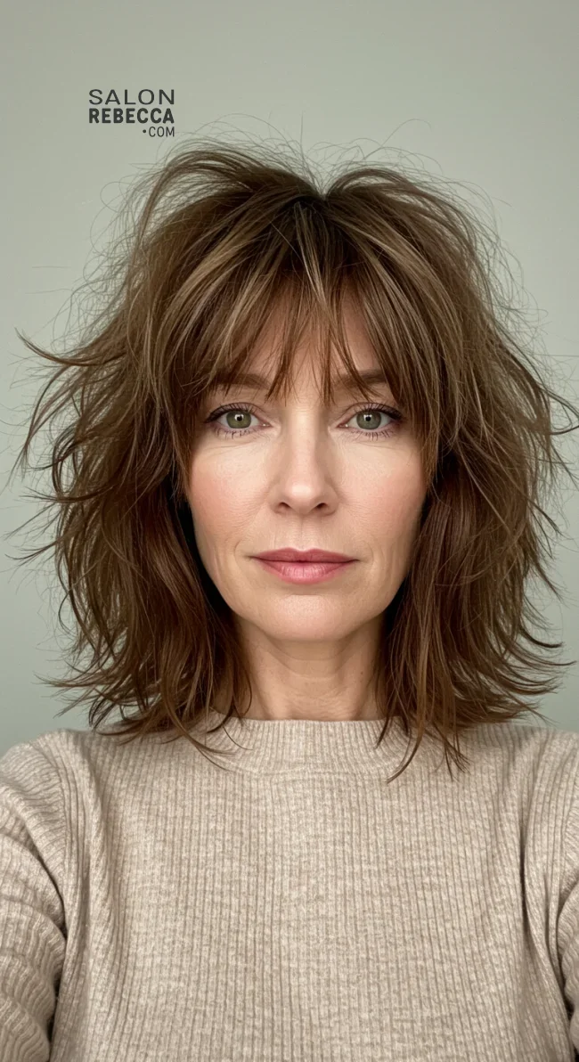 5. Shaggy Lob with Textured Bangs | 15 Chic Hairstyles With Bangs For Over 50