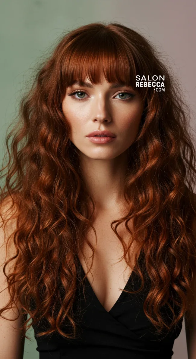 12. Long Curly Hair with Blunt Bangs | 15 Best Curly Hairstyles With Bangs For A Stunning Look!