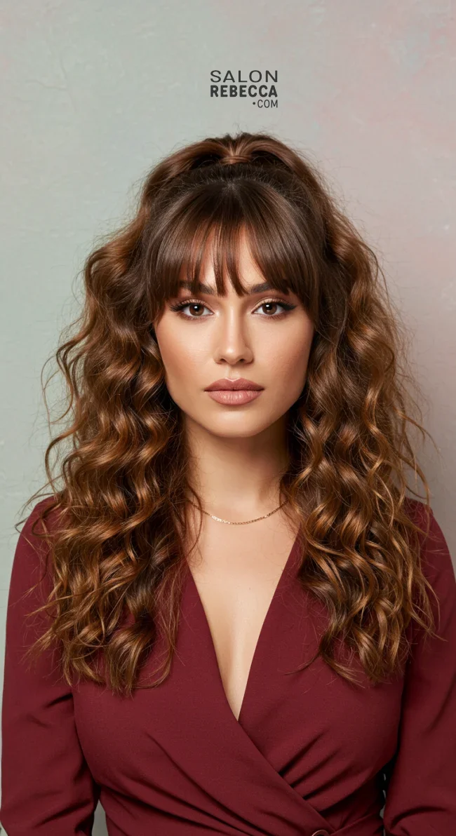 5. Curly Ponytail with Curtain Bangs | 15 Best Curly Hairstyles With Bangs For A Stunning Look!