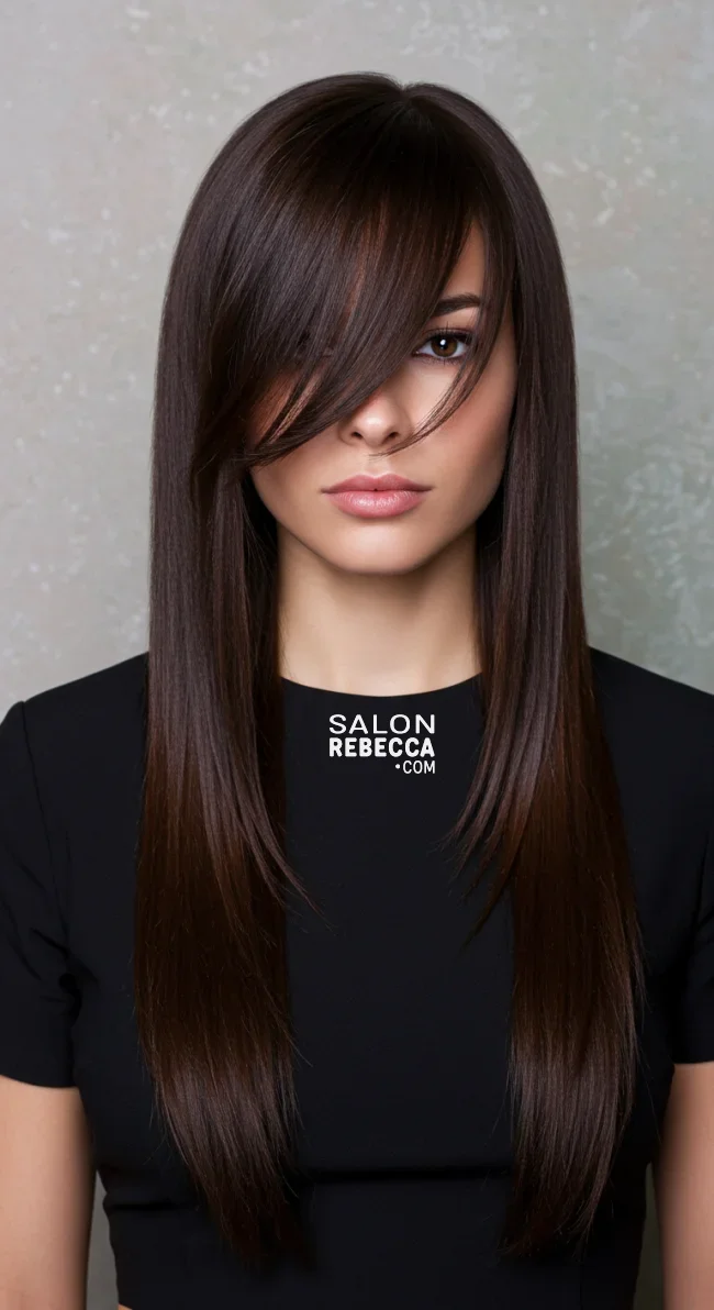 2. Side-Swept Bangs with Long Hair | 15 Hairstyle Ideas For Round Face And Thick Hair