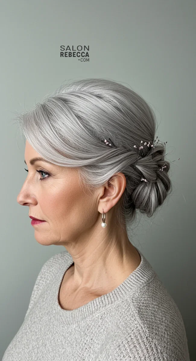 8. Silver French Twist Updo | 10 Chic Grey Hairstyles For Women Over 60 That You’ll Love To Try
