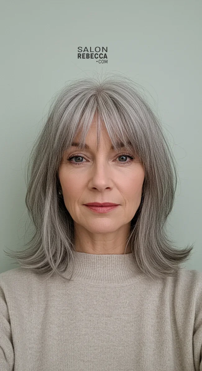 9. Shoulder-Length Grey Hair with Curtain Bangs | 10 Chic Grey Hairstyles For Women Over 60 That You’ll Love To Try