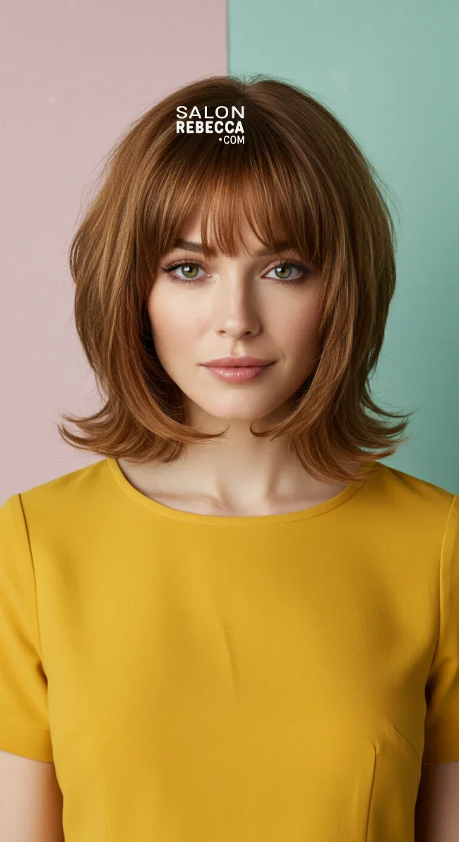 6. Layered Shoulder-Length Cut with Curtain Bangs | Low Maintenance Shoulder-Length Hairstyles For Thin Hair