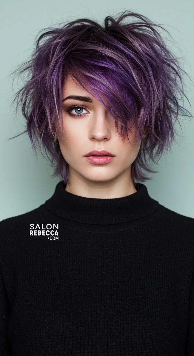 12. Shag Cut with Messy Purple Highlights | 15 Trendy Hairstyles With Purple Highlights