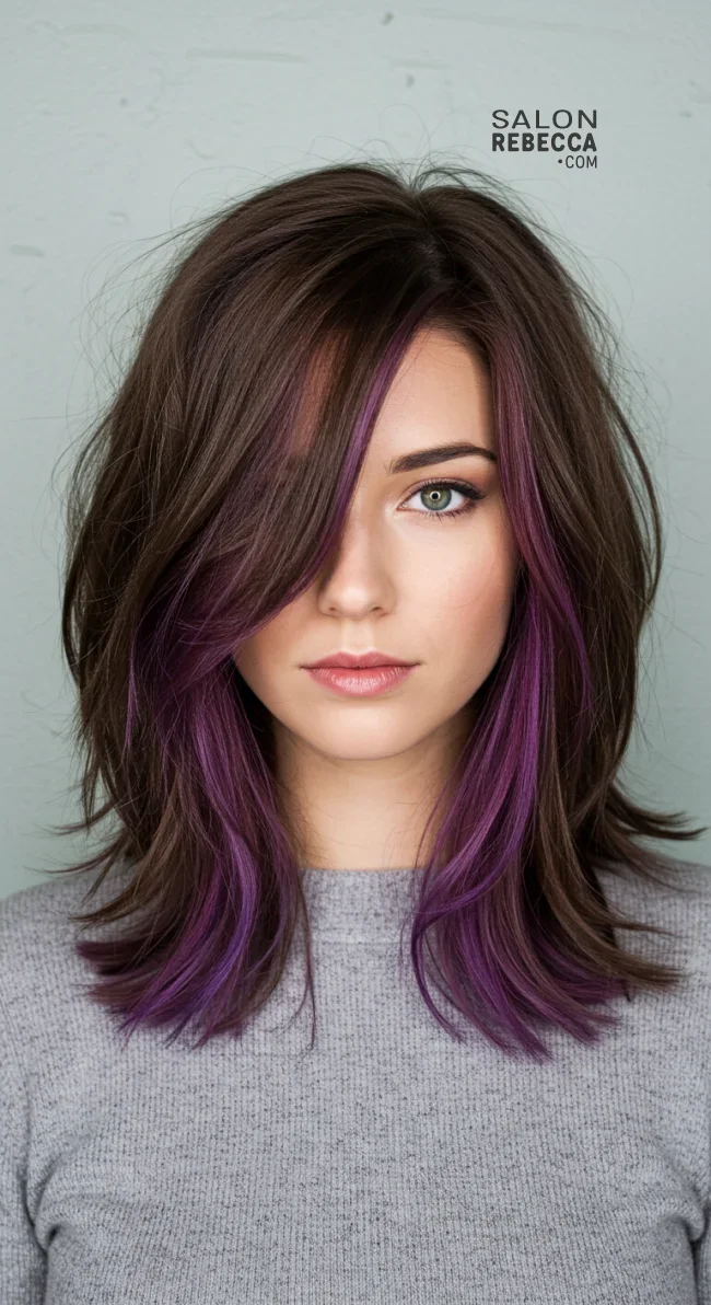 11. Layered Brown Hair with Subtle Purple Streaks | 15 Trendy Hairstyles With Purple Highlights