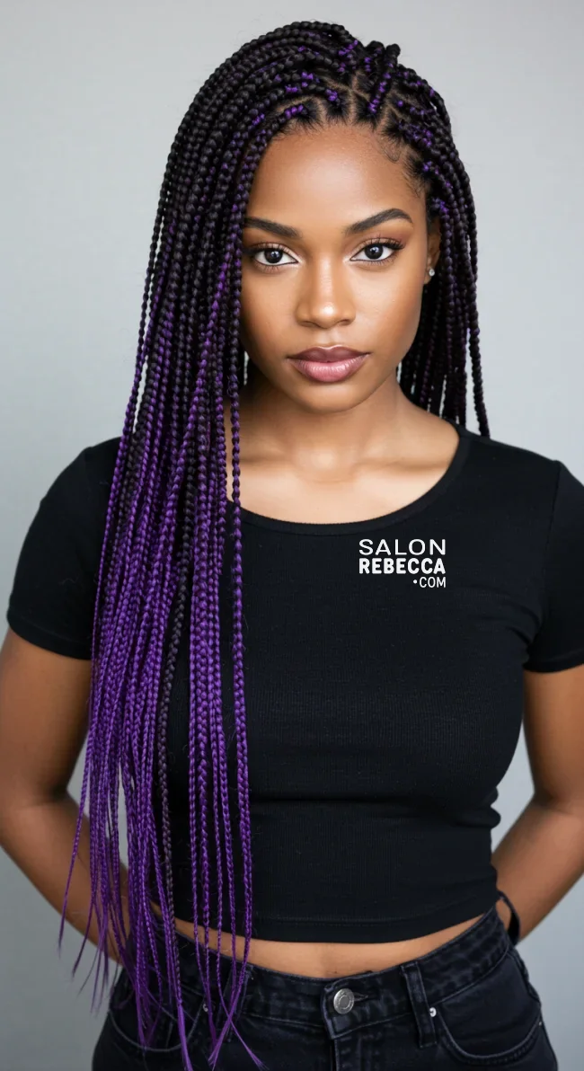 8. Long Braided Hair with Violet Strands | 15 Trendy Hairstyles With Purple Highlights