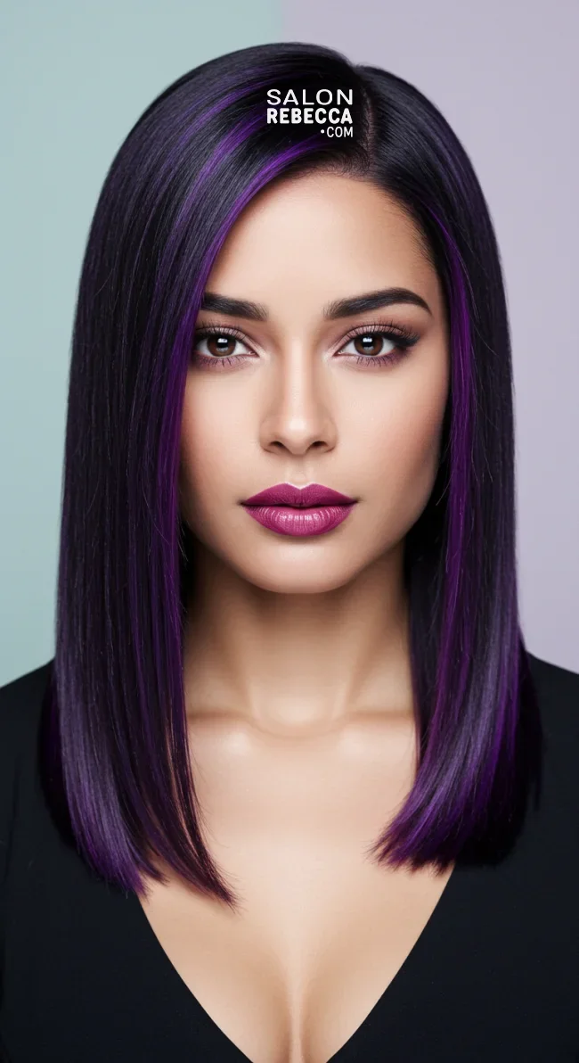 2. Straight Black Hair with Vibrant Purple Streaks | 15 Trendy Hairstyles With Purple Highlights