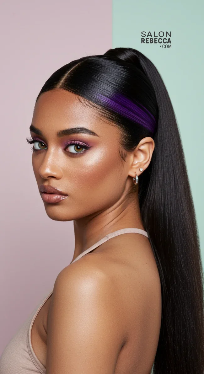 14. High Ponytail with Purple Money Pieces | 15 Trendy Hairstyles With Purple Highlights