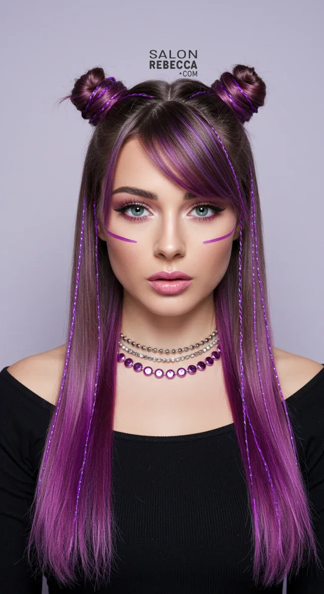 15. Half-Up Space Buns with Neon Purple Strands | 15 Trendy Hairstyles With Purple Highlights