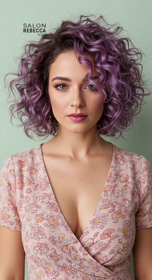 6. Curly Bob with Lavender Highlights | 15 Trendy Hairstyles With Purple Highlights