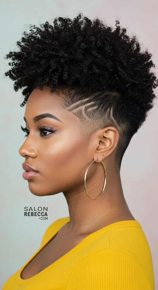 4. Curly Fade with Design | Short Natural Fade Haircuts For Black Women