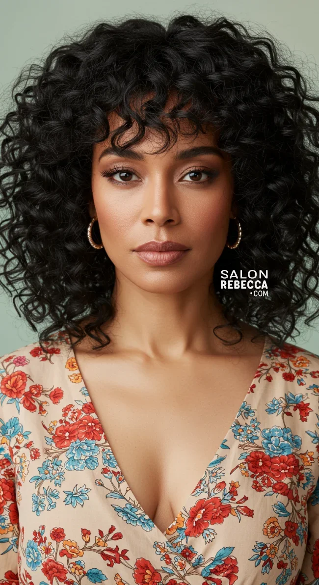 10. Soft Curly Bangs with Shoulder-Length Curls | Astonishing Photos That Inspire You For Getting Bangs Over 40