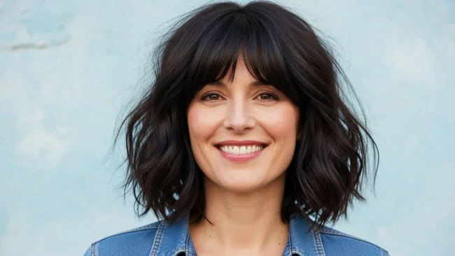 2. Chic Textured Lob with Bottleneck Bangs | 10 Stunning Bangs Hairstyles For Women Over 40 | Age-Defying Fringe Ideas