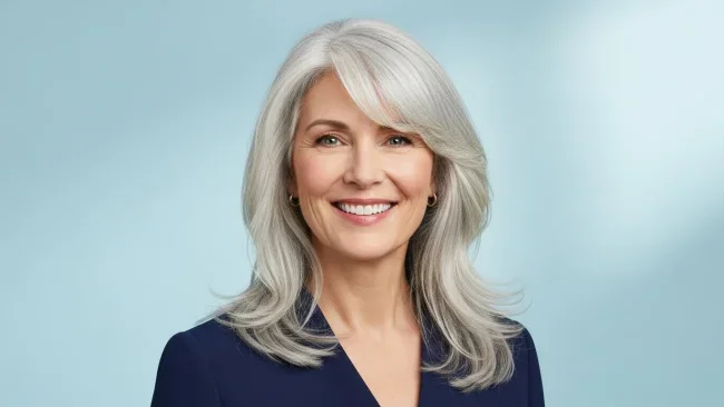 9. Face-Framing Layered Bangs for Silver Hair | 10 Stunning Bangs Hairstyles For Women Over 40 | Age-Defying Fringe Ideas