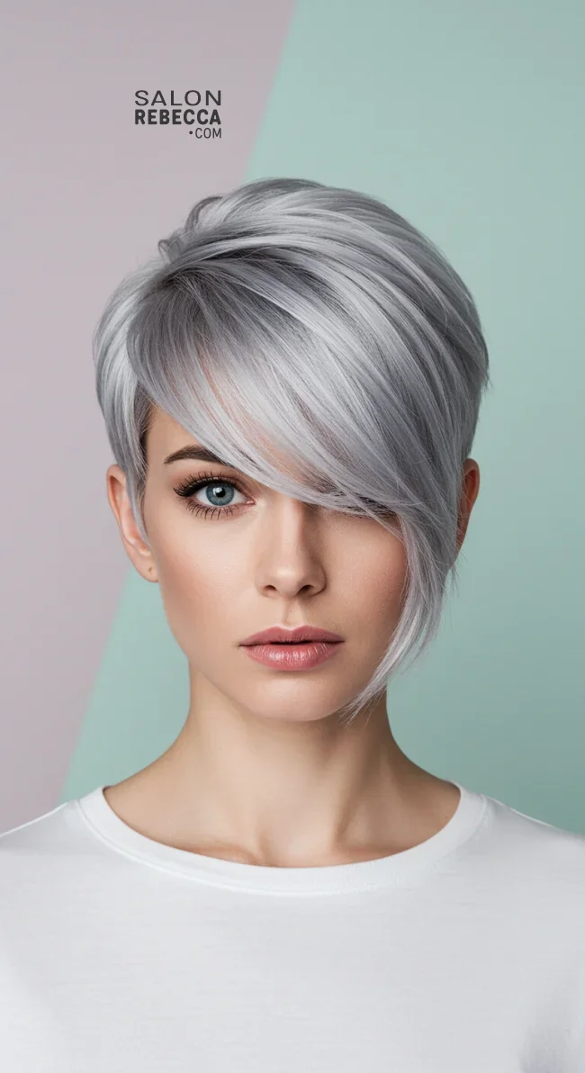 10. Silver Pixie with Side-Swept Bangs | Embrace The Elegance Of Short Gray Hairstyles - Chic And Timeless