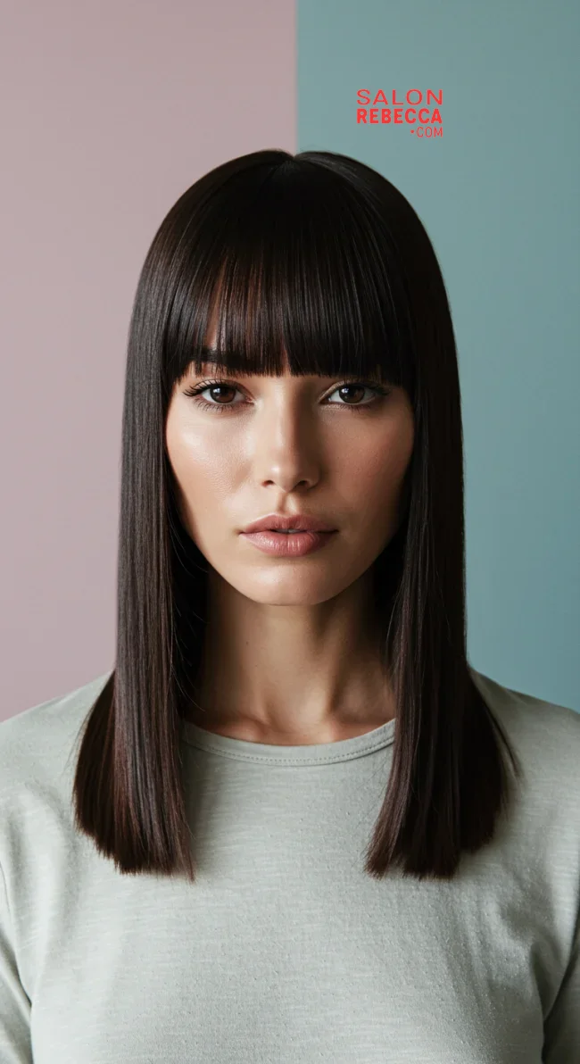 1. Sleek Straight with Blunt Bangs | 15 Low-Maintenance Medium-Length Hairstyles With Bangs