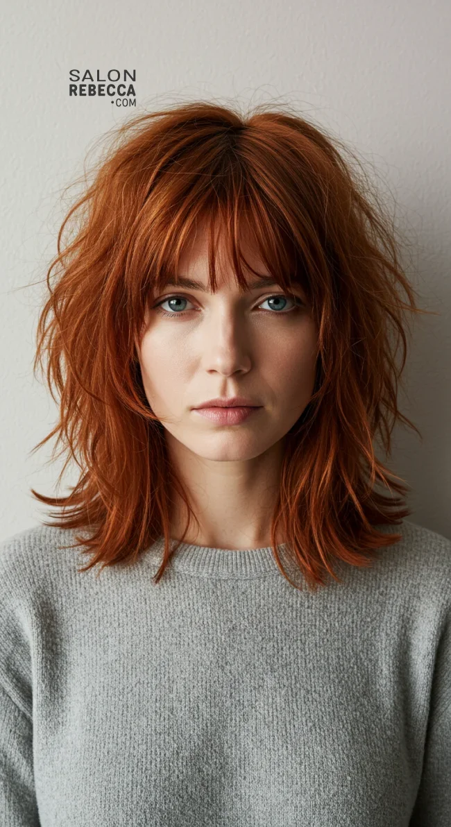 9. Shaggy Medium Cut with Layered Bangs | 15 Low-Maintenance Medium-Length Hairstyles With Bangs