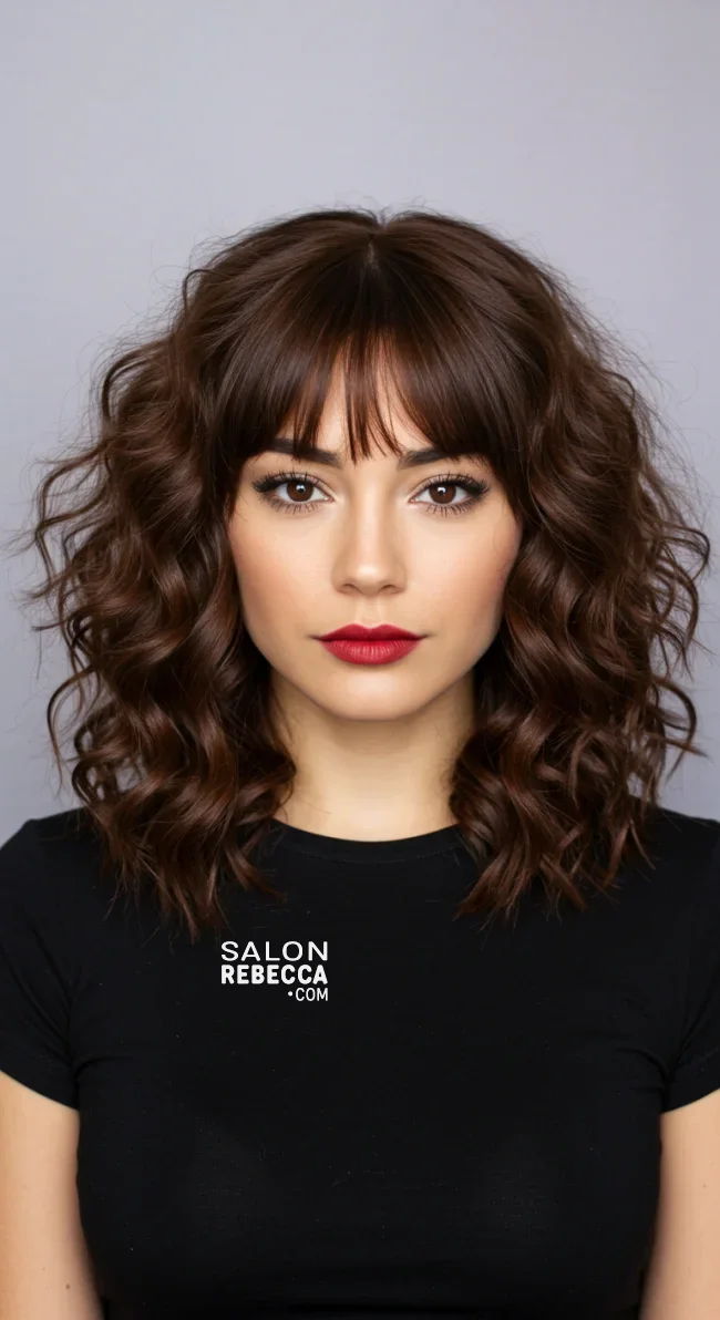 8. Curly Medium-Length with Defined Bangs | 15 Low-Maintenance Medium-Length Hairstyles With Bangs