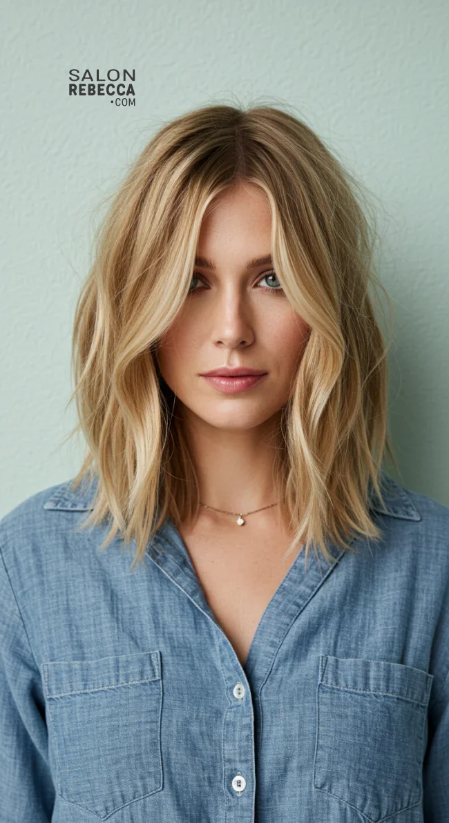 13. Side-Parted Medium Cut with Wispy Bangs | 15 Low-Maintenance Medium-Length Hairstyles With Bangs