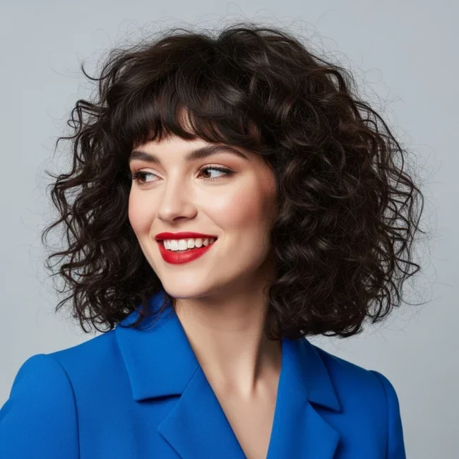 8. Heavy Bangs Brunette Shag | Curly Shag Haircuts: 10 Hairstyles To Embrace Your Natural Texture