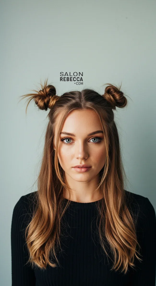 4. Half-Up Space Buns | Quick And Easy Space Buns Hairstyle Tutorial With Examples