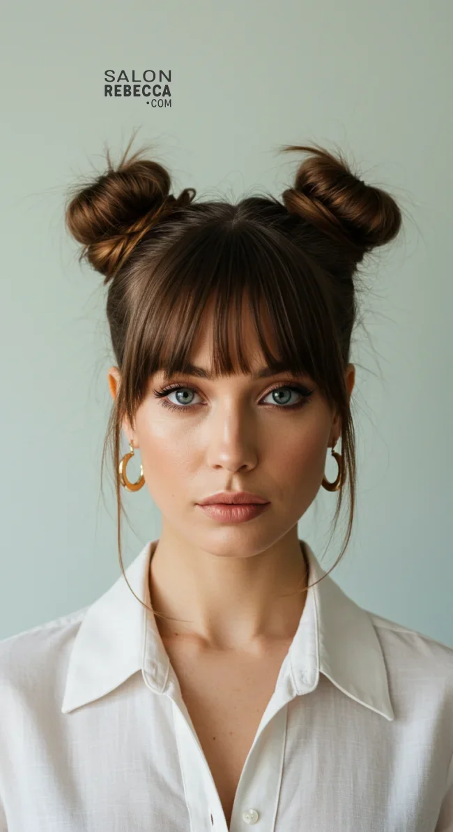 7. Space Buns with Bangs | Quick And Easy Space Buns Hairstyle Tutorial With Examples