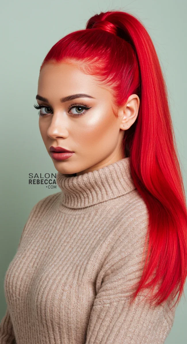 8. Fire Engine Red High Ponytail | 15 Red Hair Looks To Warm Up Your Vibe This Winter