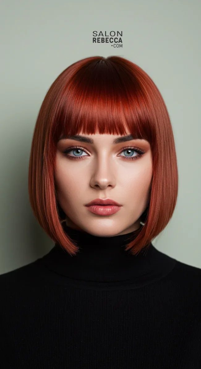 11. Metallic Copper Bob with Bangs | 15 Captivating Copper Hair Shades For A Warm Winter Look
