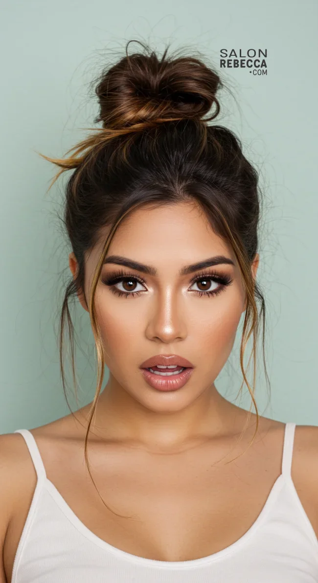 8. Messy Bun with Face-Framing Strands | 10 Unique Latina Hairstyles That Radiate Confidence