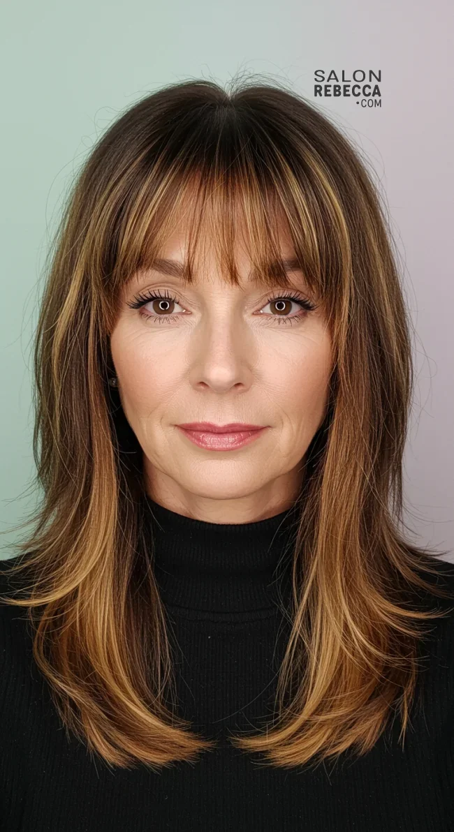 6. Long, Face-Framing Bangs | Should A 60 Year Old Woman Wear Bangs?