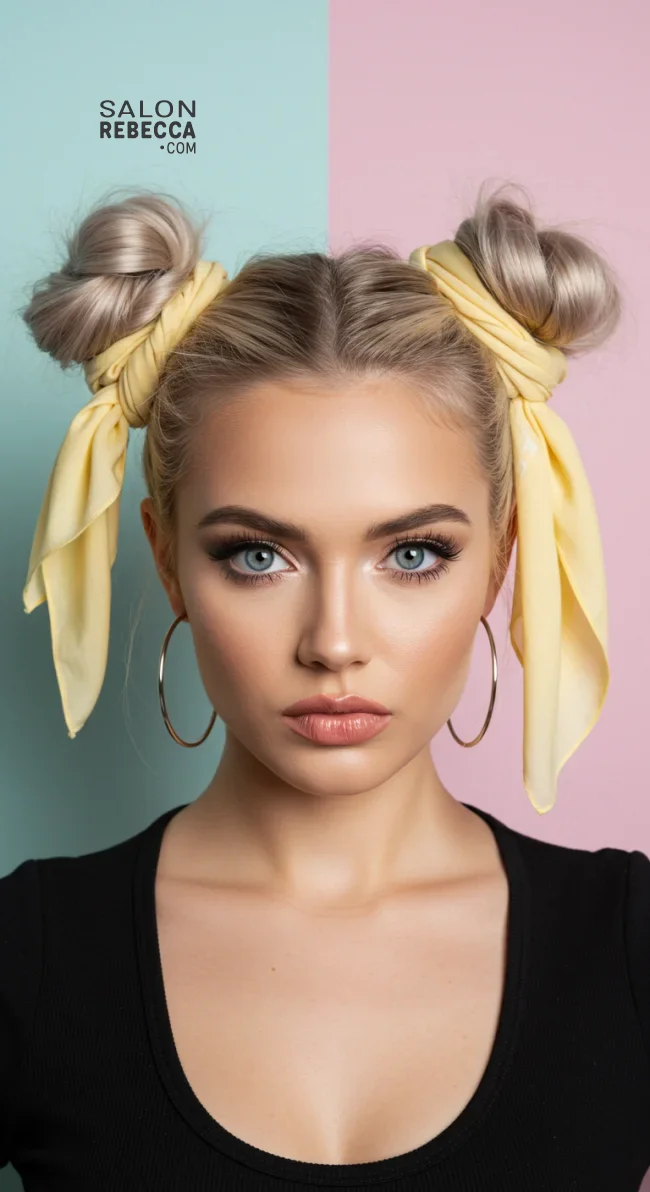 13. Double Buns with Scarf Wrap | 15 Hairstyle Ideas Using A Scarf - Chic And Trendy