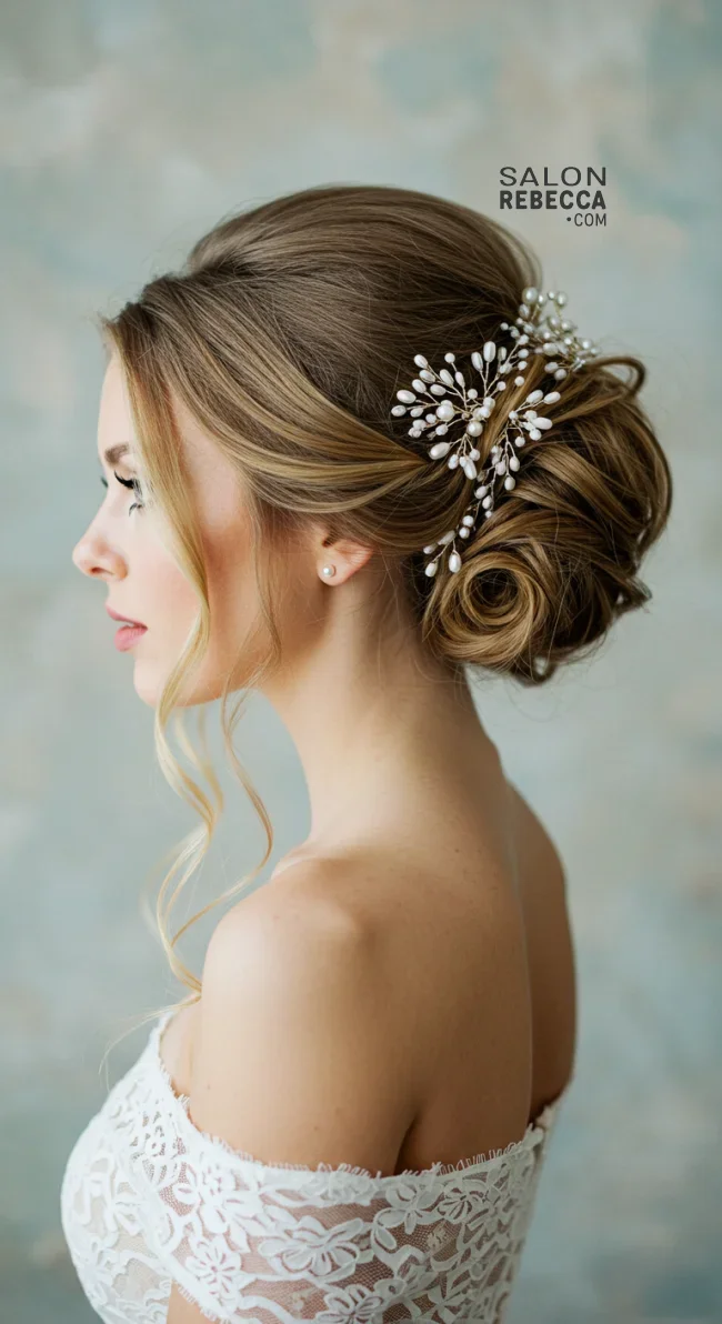 8. Soft Curled Updo with Pearl Sprays | Elegant Wedding Updo Hairstyles Featuring Pearl Hairpins