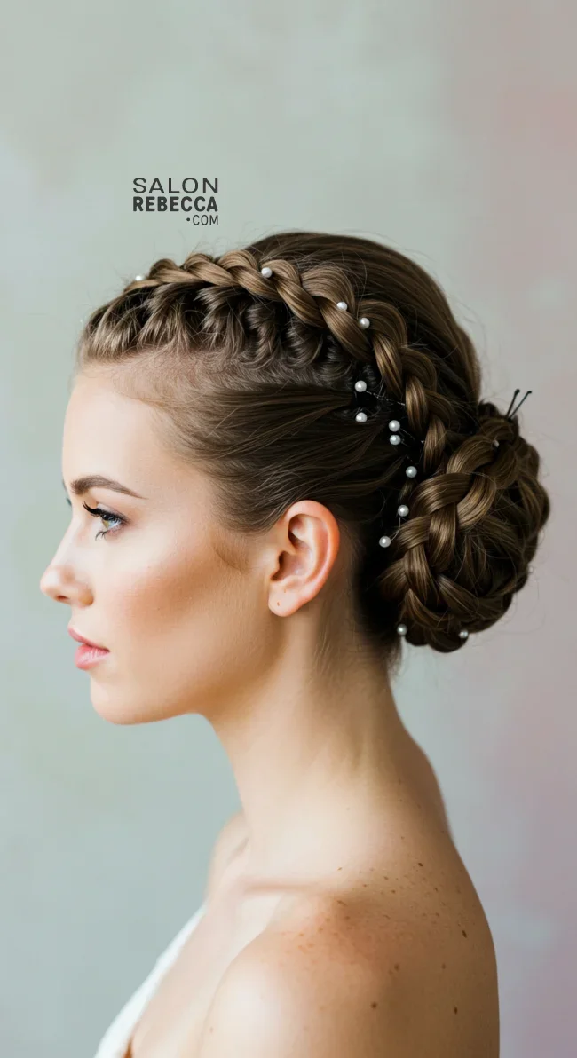 9. Low Braided Bun with Pearls Interwoven | Elegant Wedding Updo Hairstyles Featuring Pearl Hairpins