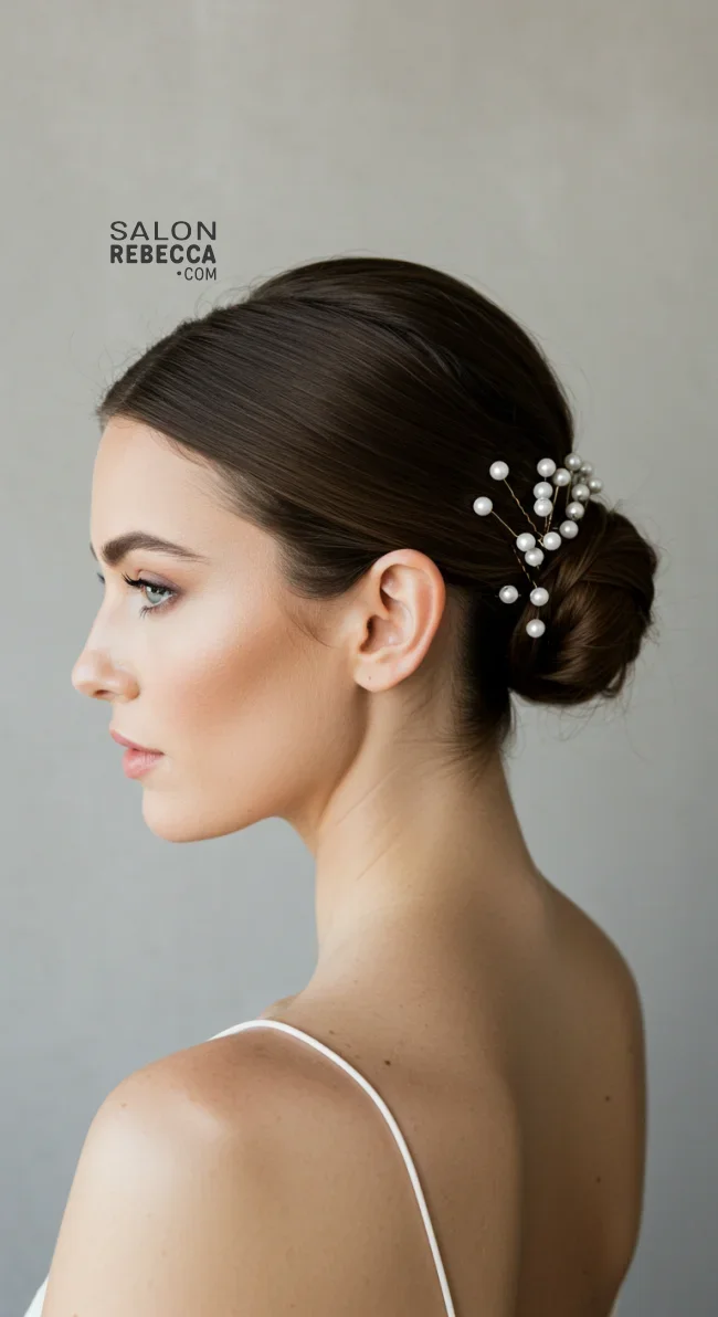 11. Elegant Knot Updo with Pearl Hairpins | Elegant Wedding Updo Hairstyles Featuring Pearl Hairpins