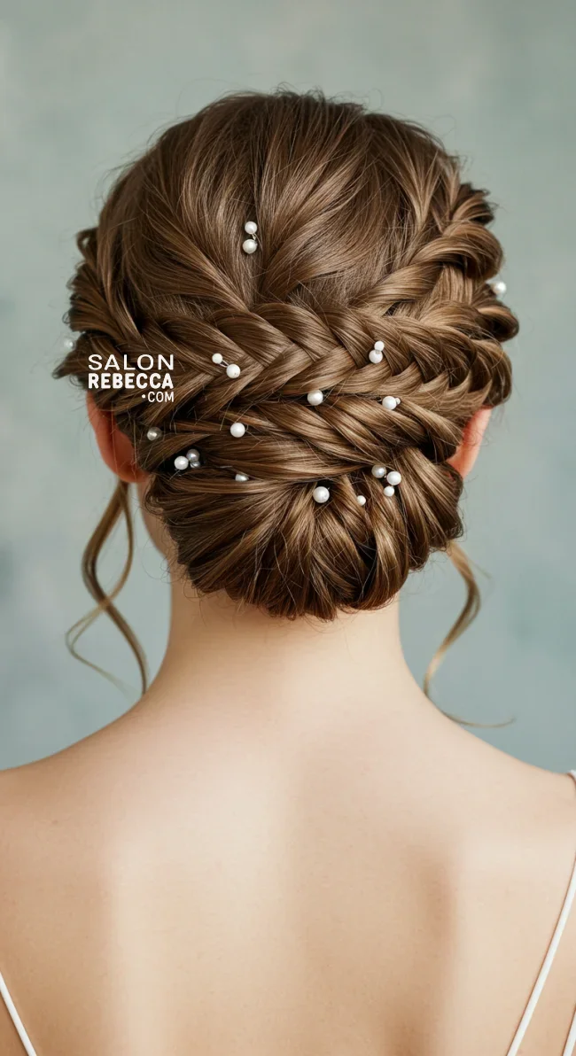 3. Twisted Low Updo with Pearl Clusters | Elegant Wedding Updo Hairstyles Featuring Pearl Hairpins