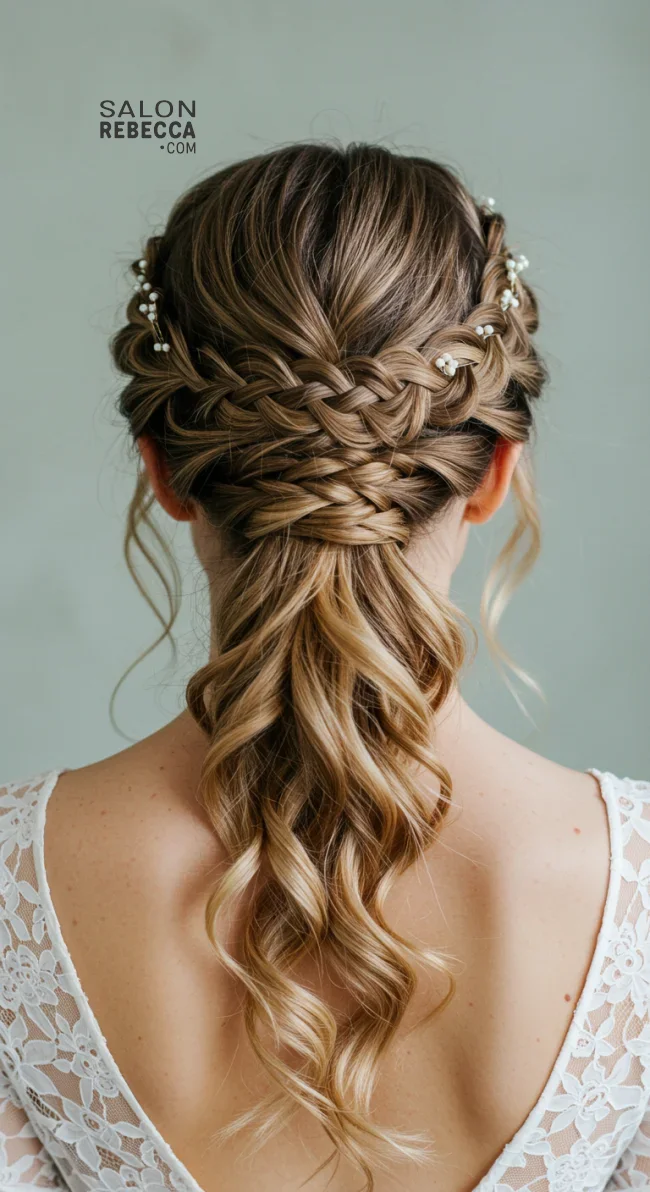 15. Half-Up Braided Updo with Pearl Accents | Elegant Wedding Updo Hairstyles Featuring Pearl Hairpins