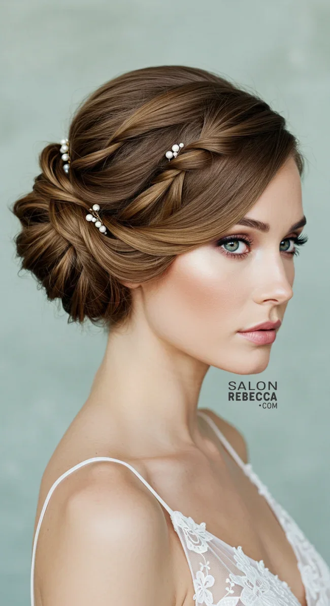 10. Side-Swept Updo with Pearl-Embellished Twists | Elegant Wedding Updo Hairstyles Featuring Pearl Hairpins