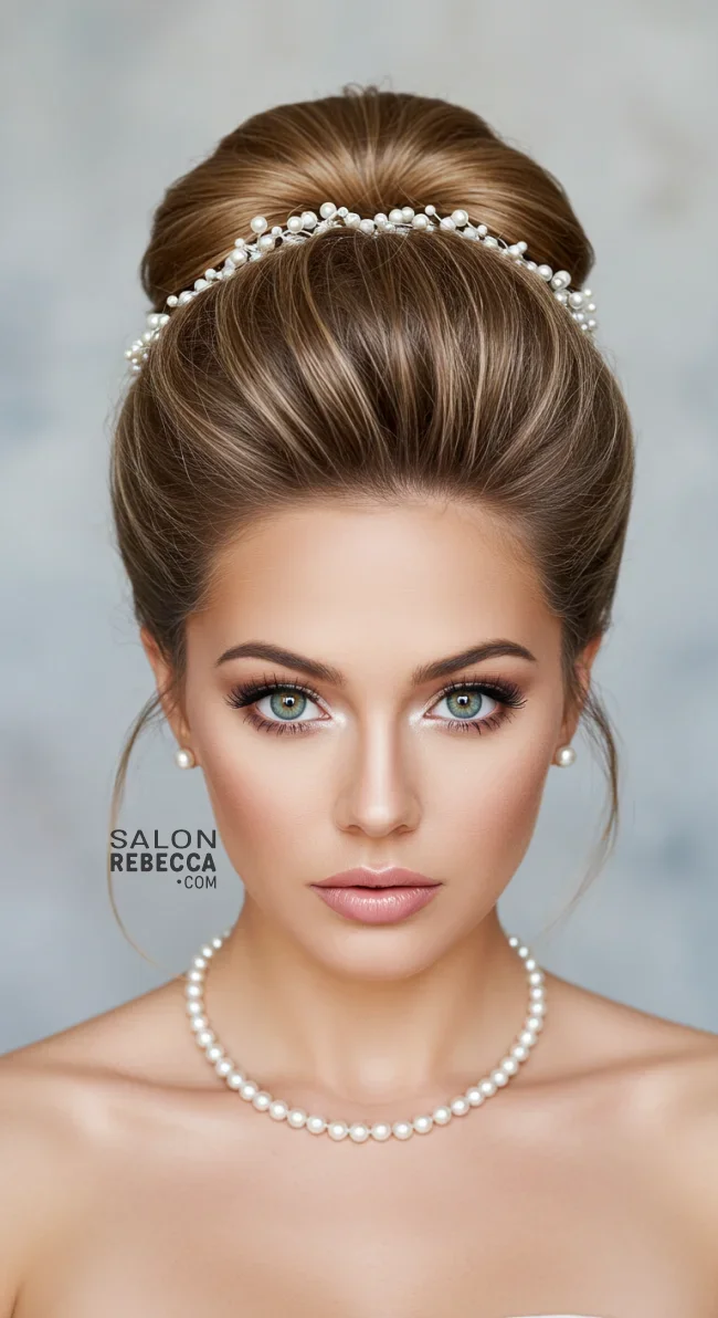 6. Voluminous High Bun with a Pearl Halo | Elegant Wedding Updo Hairstyles Featuring Pearl Hairpins