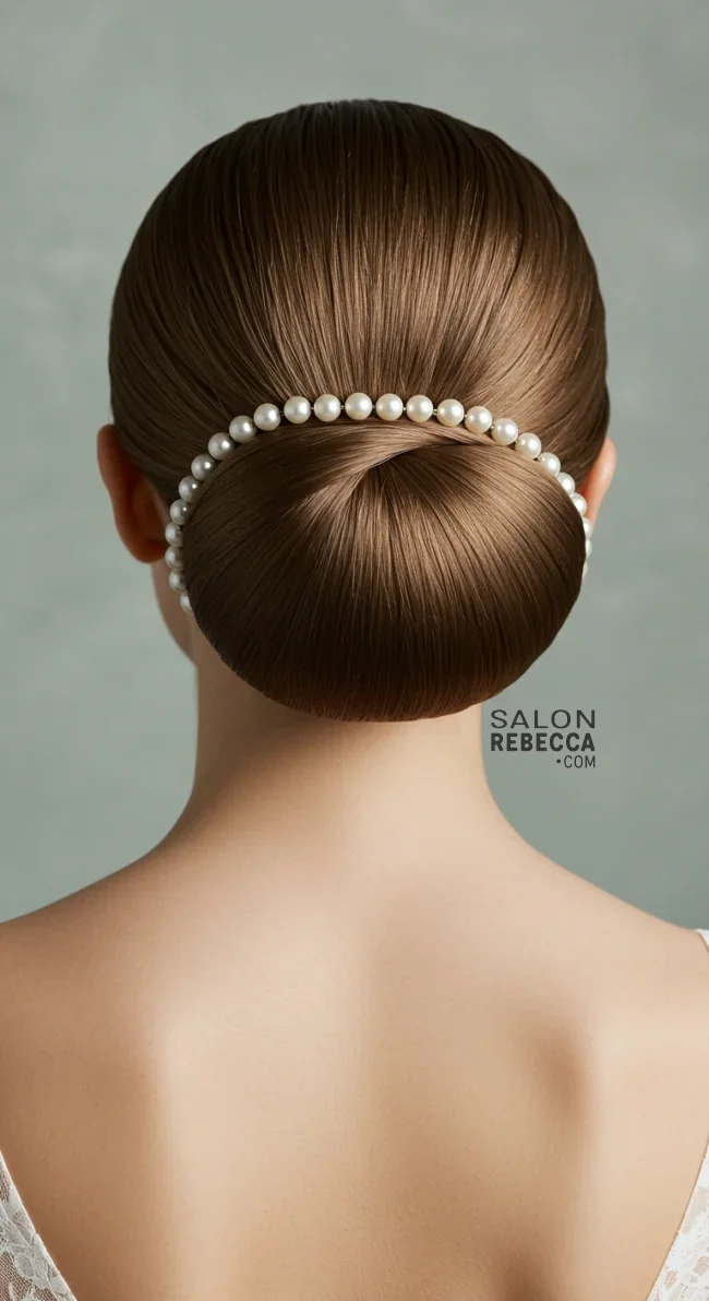 13. Sculpted Bun with Pearl Line Detailing | Elegant Wedding Updo Hairstyles Featuring Pearl Hairpins